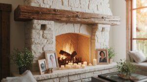 A cozy fireplace with a stone mantle, featuring a decorative picture frame above it.