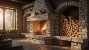 A cozy fireplace with stacked logs beside a window, creating a warm and inviting atmosphere in the room.