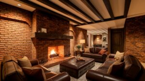 A cozy living room featuring a brick fireplace and two leather couches arranged for comfort and relaxation.
