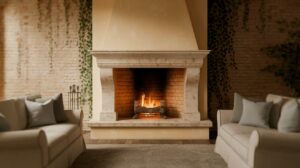 A cozy living room featuring a fireplace, surrounded by comfortable couches for relaxation.