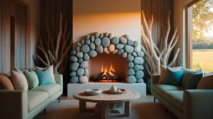 A cozy living room featuring a stone fireplace and a comfortable couch, creating a warm and inviting atmosphere.