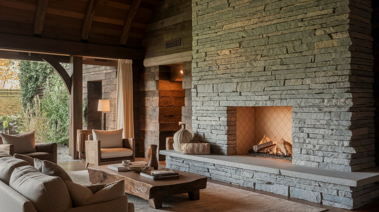 A cozy living room featuring a stone fireplace and comfortable couches arranged for relaxation.