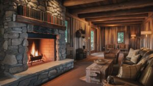 A cozy log cabin fireplace surrounded by a couch and chairs, creating a warm and inviting atmosphere.