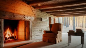 A cozy log cabin fireplace with a chair and table nearby, creating a warm and inviting atmosphere.