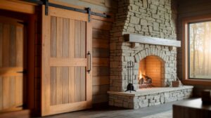 A cozy log home featuring a rustic stone fireplace, creating a warm and inviting atmosphere.