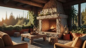 A cozy log home fireplace with a wooden table and chairs arranged nearby, creating a warm gathering space.