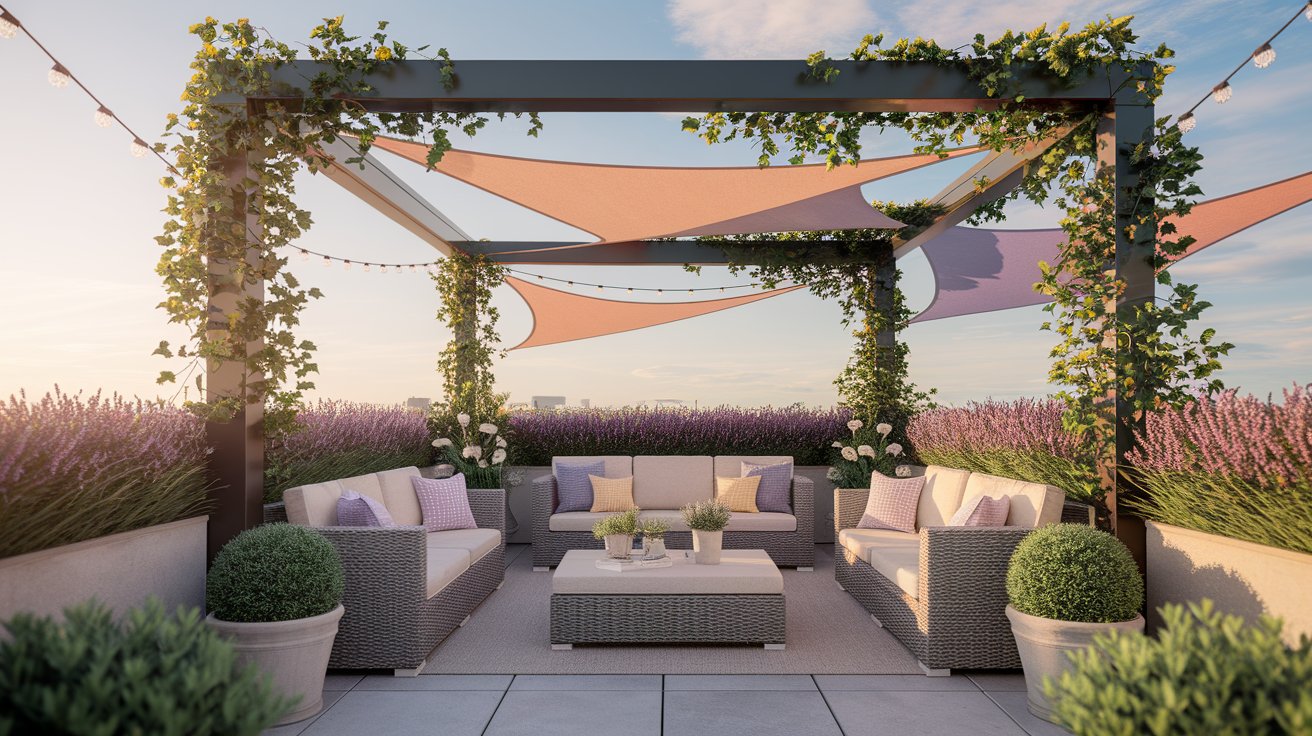 A cozy patio featuring a wooden pergola and stylish outdoor furniture, perfect for relaxation and gatherings.