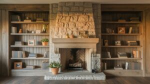 A cozy stone fireplace flanked by bookshelves and a vibrant potted plant, creating a warm and inviting atmosphere.
