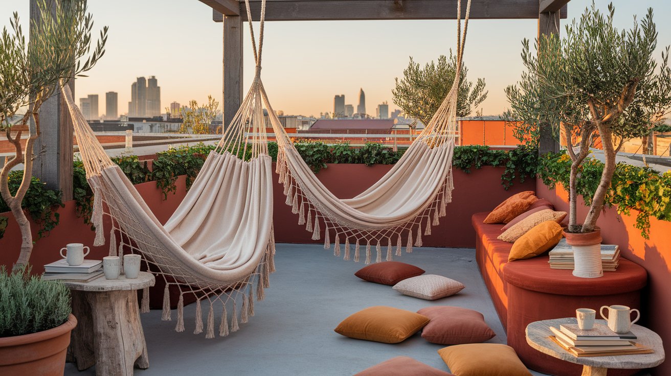 A hammock on a balcony overlooking a vibrant city skyline under a clear blue sky.