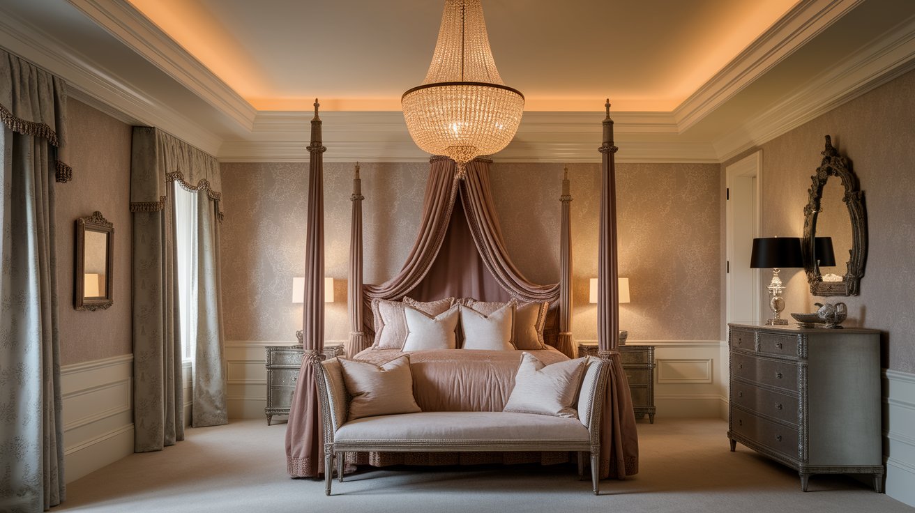 A luxurious bedroom featuring a four-poster bed and an elegant chandelier hanging from the ceiling.