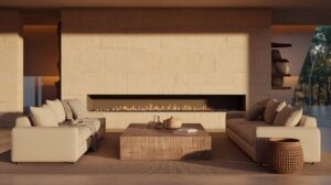 A modern living room featuring a cozy fireplace and stylish couches arranged for comfort and relaxation.