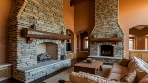 A modern living room showcasing a stone fireplace and plush couches, perfect for gatherings and relaxation.
