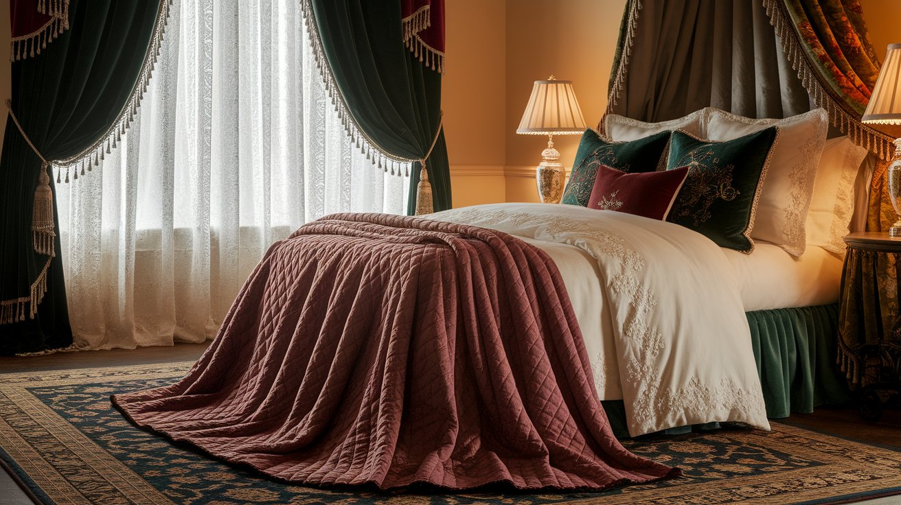 A neatly made bed featuring a vibrant red blanket draped over it.