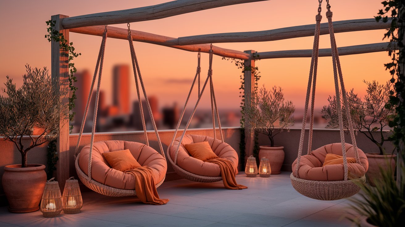 A patio featuring hanging chairs with a panoramic view of the city skyline in the background.