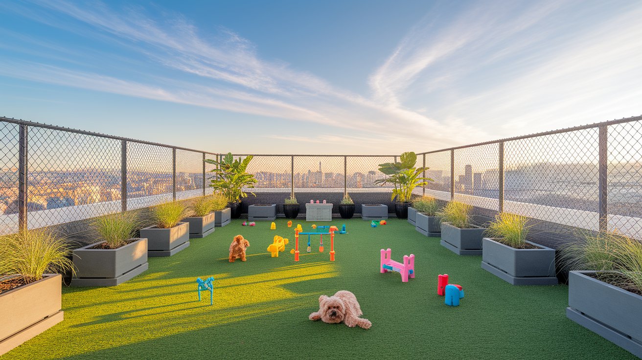 A rooftop dog park featuring dogs playing, with a panoramic view of the city skyline in the background.