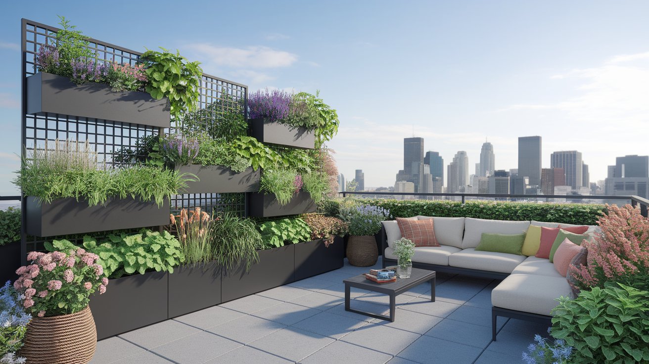 A rooftop garden featuring various plants and outdoor furniture, creating a serene urban retreat.