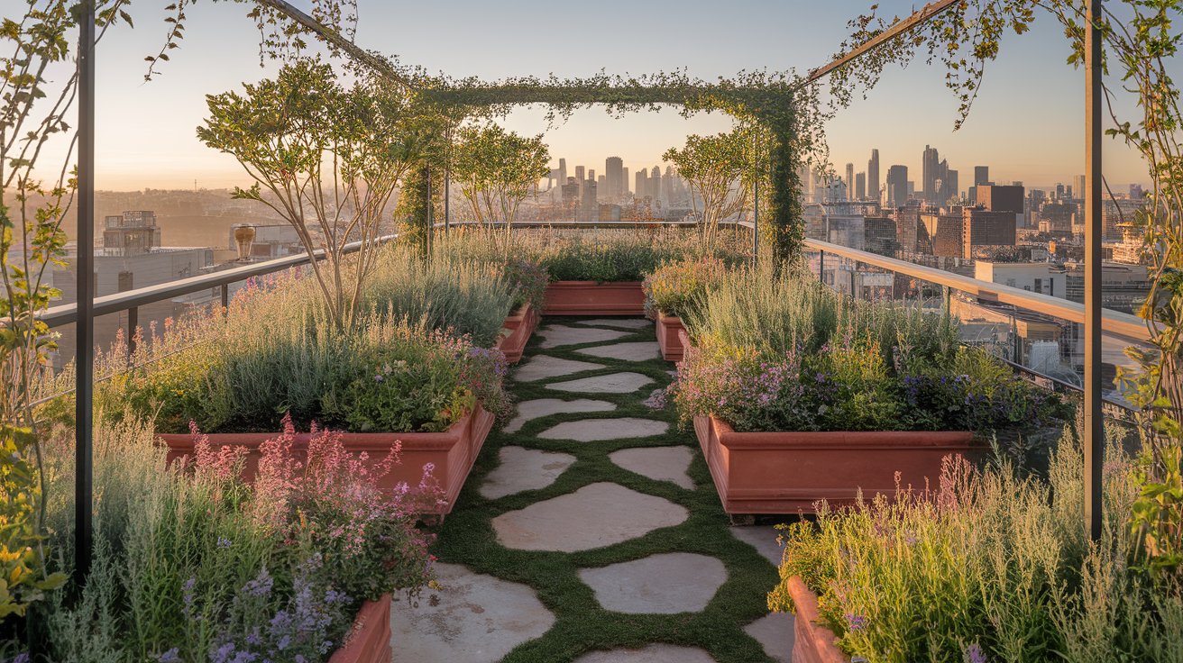 A rooftop garden featuring various plants with a panoramic view of the city skyline in the background.