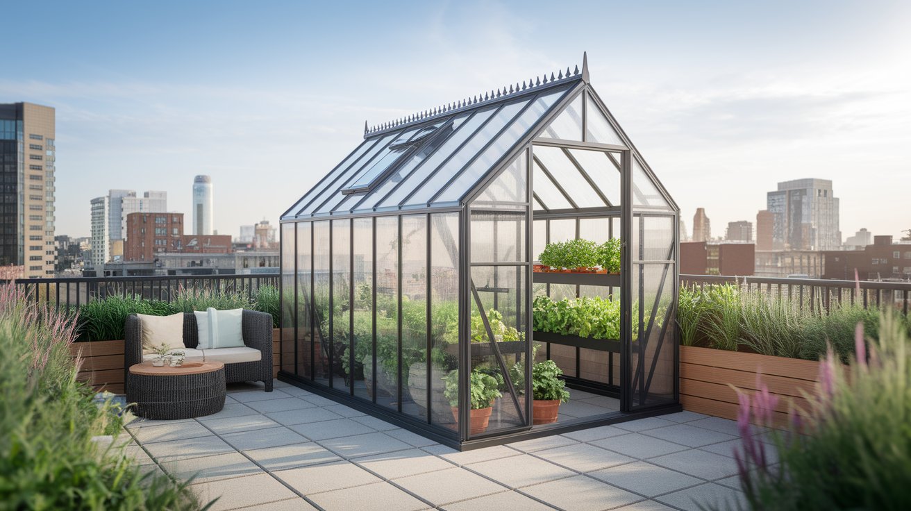 A rooftop greenhouse with a city skyline in the background, showcasing urban gardening amidst modern architecture.