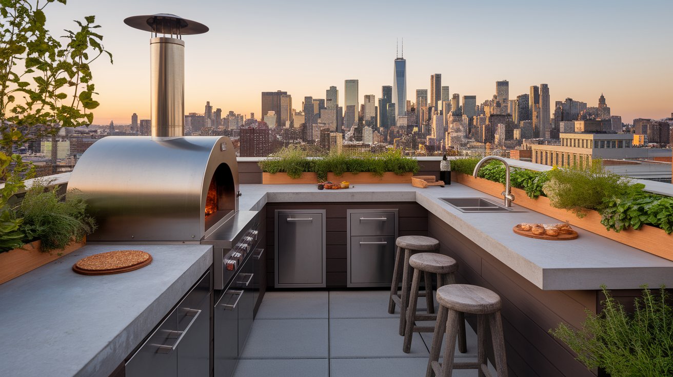 A rooftop outdoor kitchen with a pizza oven, showcasing a modern design against a backdrop of the sky.