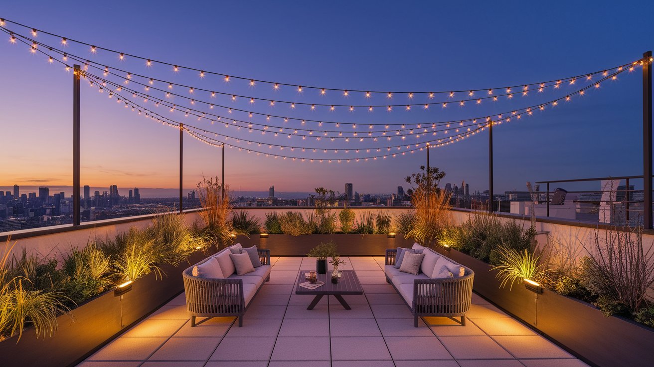 A rooftop patio adorned with string lights, creating a warm and inviting atmosphere for gatherings.