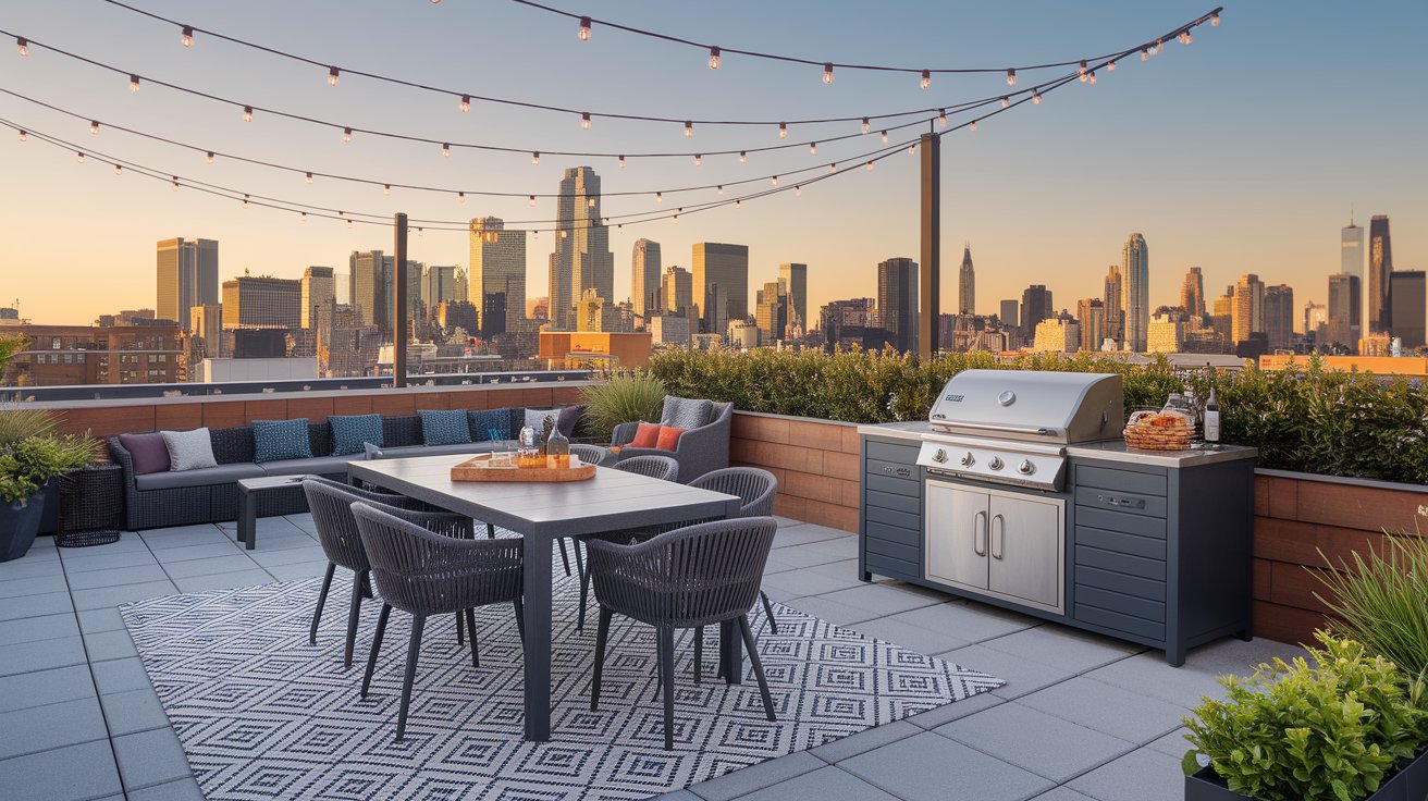 A rooftop patio featuring a grill and several chairs, ideal for outdoor gatherings and relaxation.
