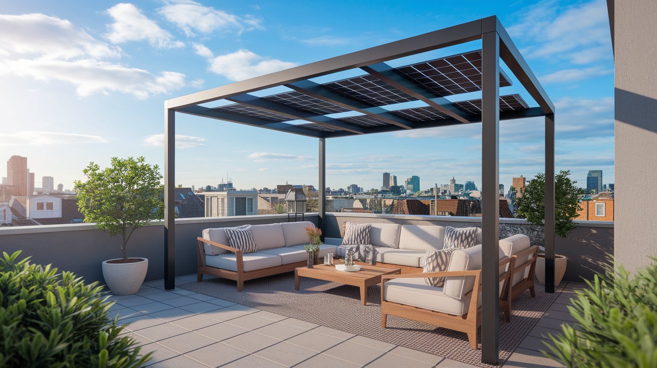 A rooftop patio featuring a wooden pergola and stylish outdoor furniture, ideal for relaxation and gatherings.