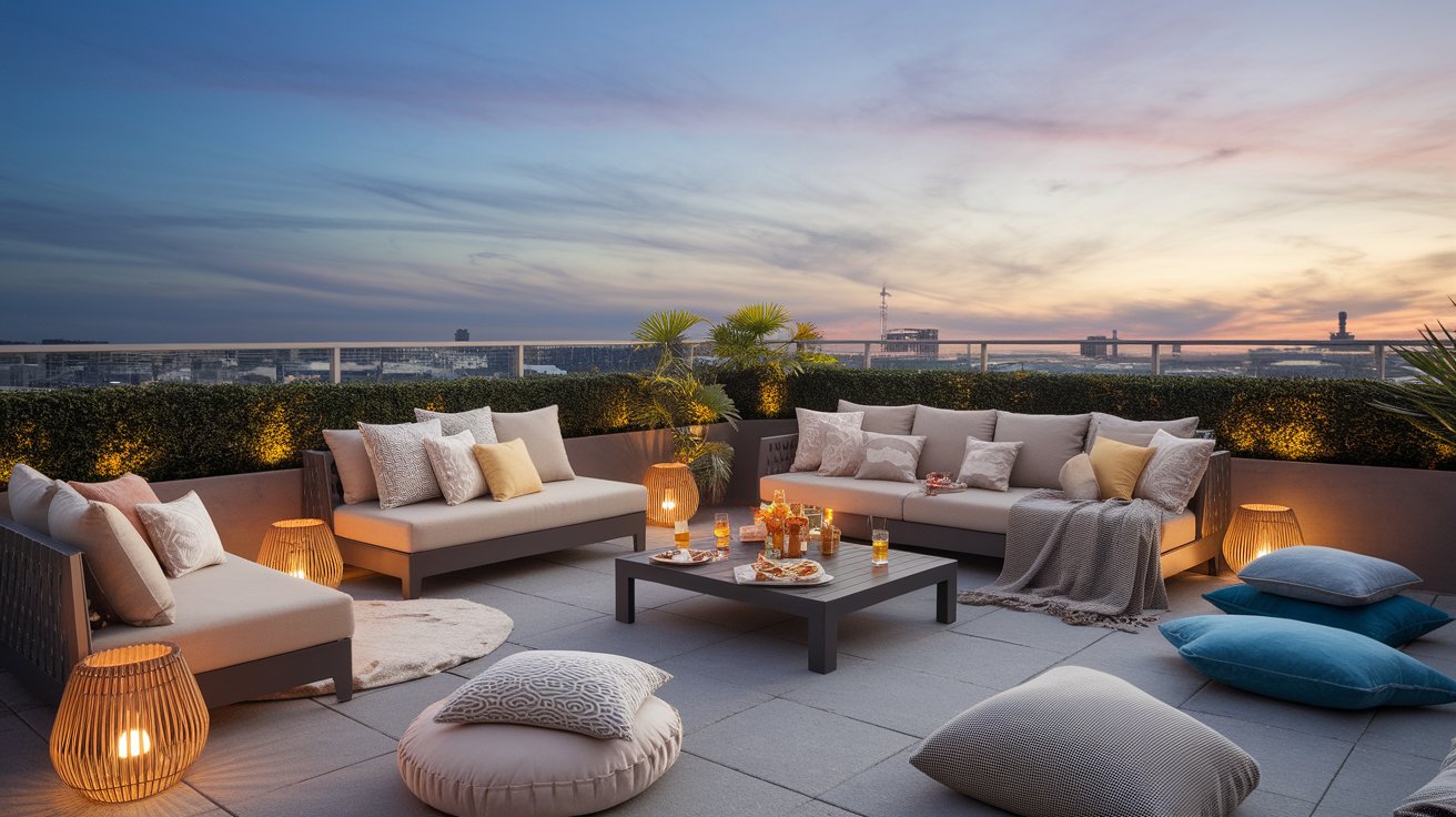 A rooftop patio featuring stylish furniture and lit candles, creating a cozy and inviting atmosphere for relaxation.