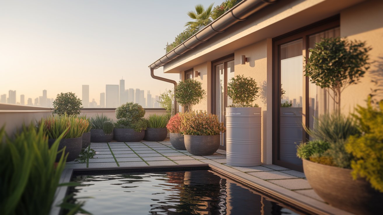 A rooftop terrace featuring a serene pond surrounded by various plants, creating a tranquil outdoor space.