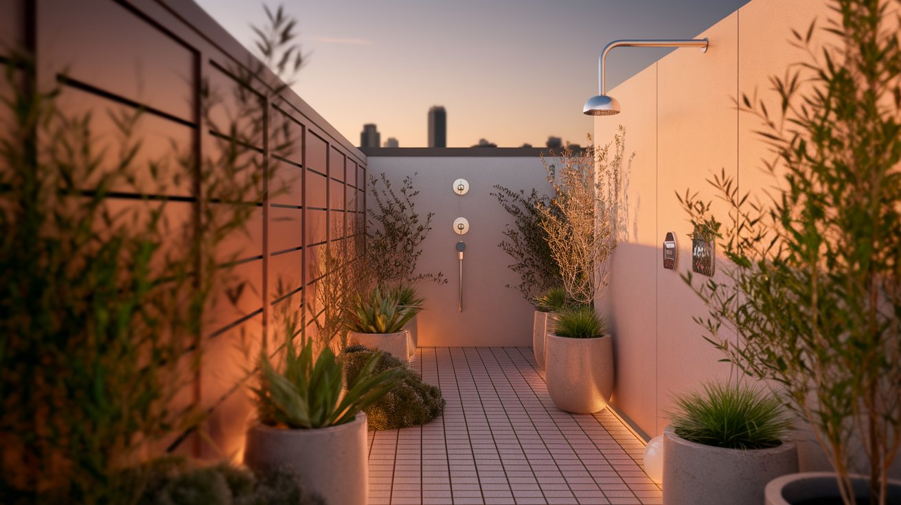 A small outdoor area featuring various plants and a shower, creating a serene and refreshing environment.