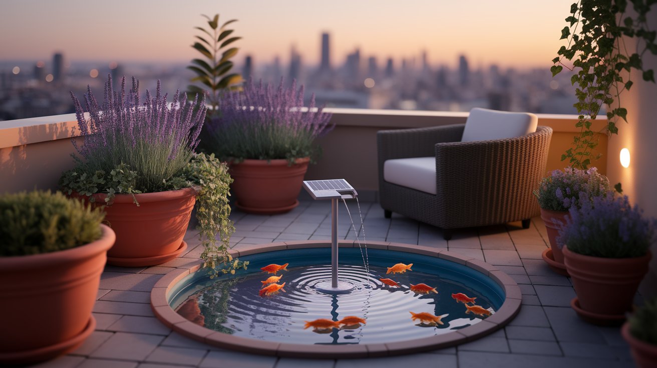 A small pond featuring fish swimming and a fountain gently spraying water in the center.