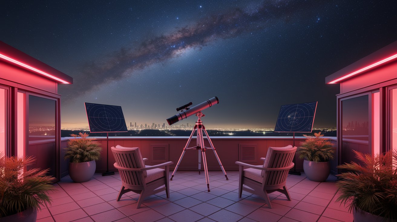 A telescope and chairs on a rooftop, overlooking a stunning view of the Milky Way galaxy at night.