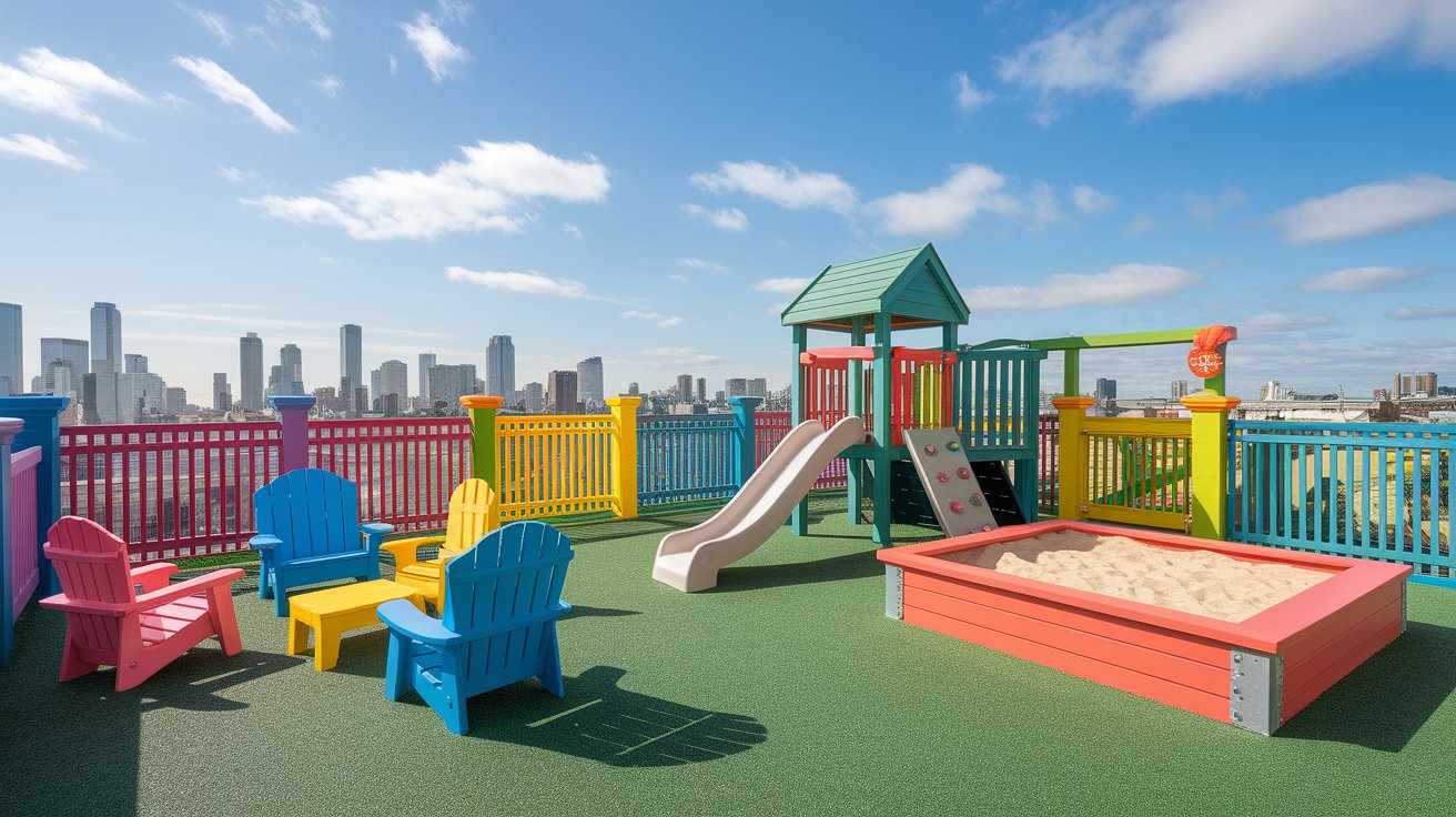 A vibrant playground featuring a colorful slide and climbing structure, inviting children to play and explore.