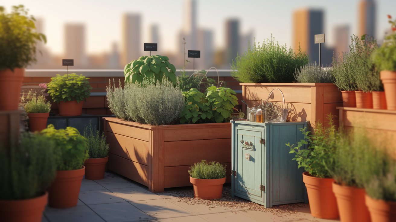 A vibrant rooftop garden filled with potted plants, overlooking a bustling city skyline in the distance.
