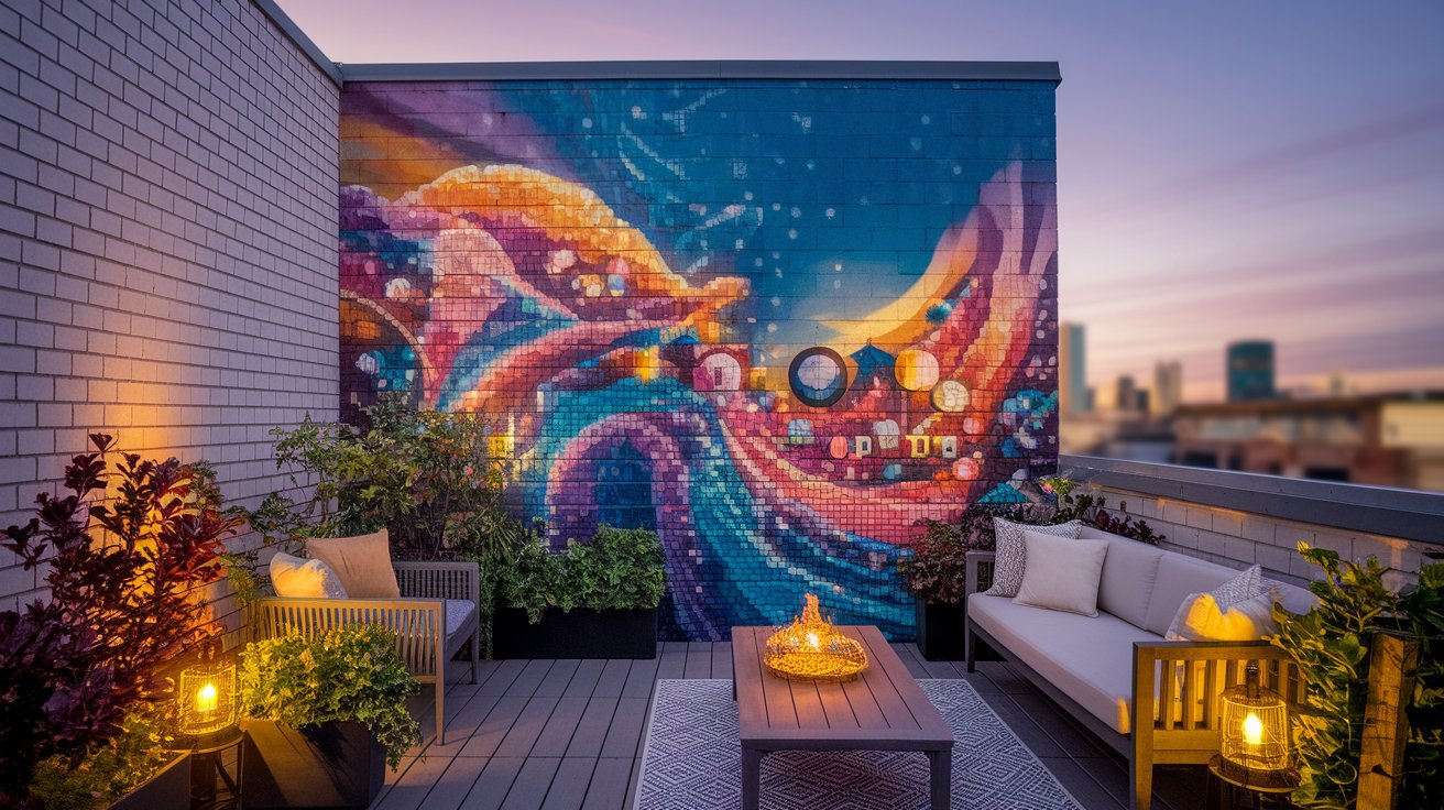 A vibrant rooftop patio adorned with colorful murals, creating a lively and artistic outdoor space.
