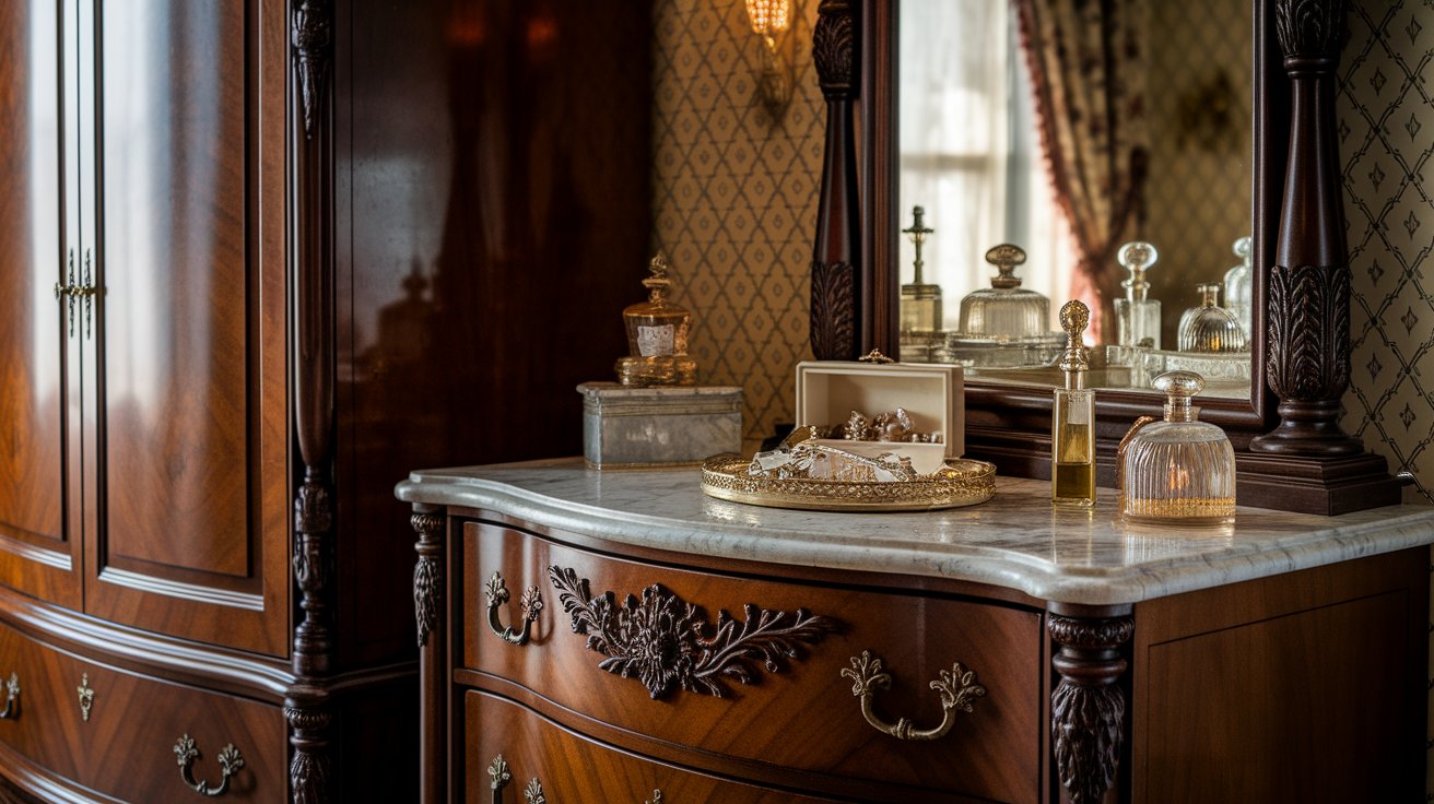 . A wooden dresser featuring a mirror and a polished marble top, showcasing elegant craftsmanship and design.