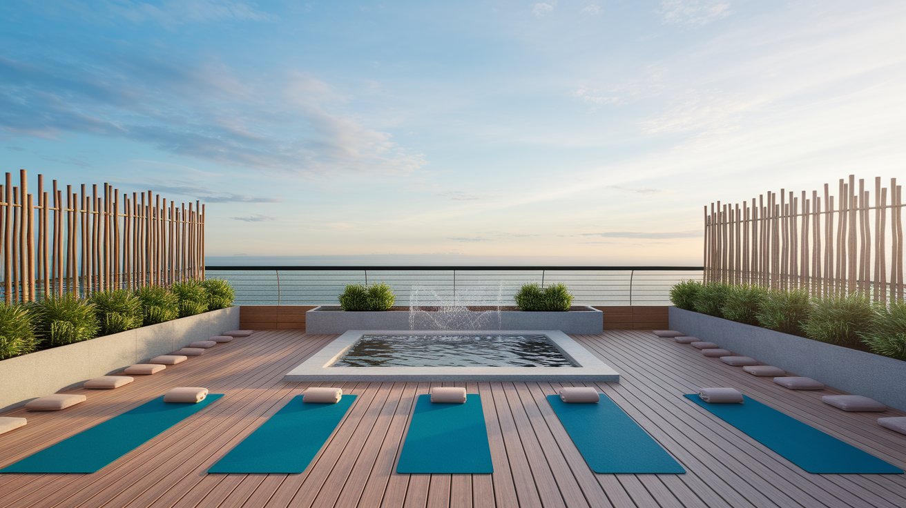 A yoga mat placed on the deck of a condo, surrounded by a serene outdoor environment.