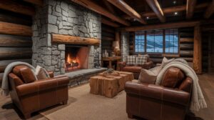Interior of a log home showcasing a fireplace and leather chairs, emphasizing a warm, rustic aesthetic.