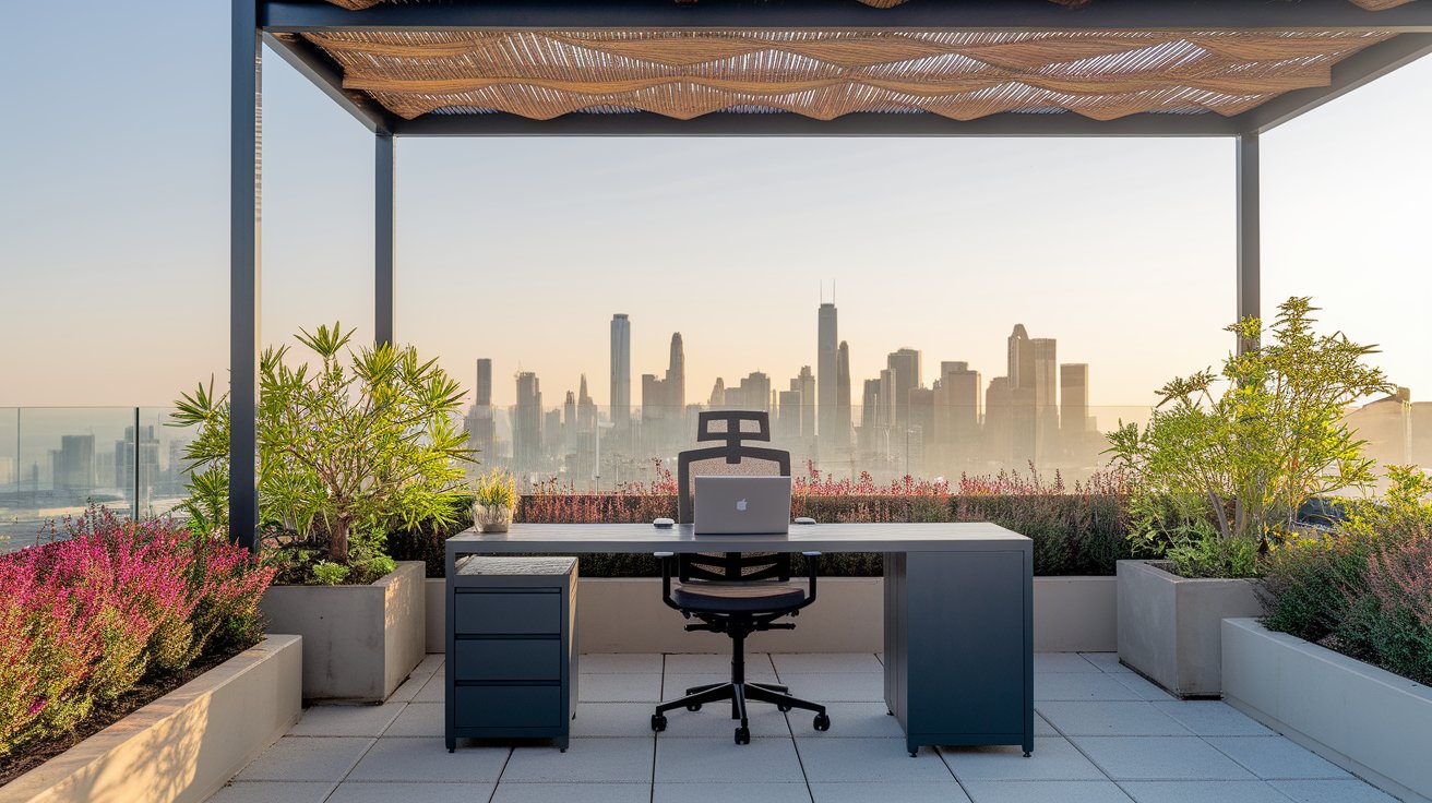 Office desk adorned with plants, overlooking a vibrant cityscape through a large window.