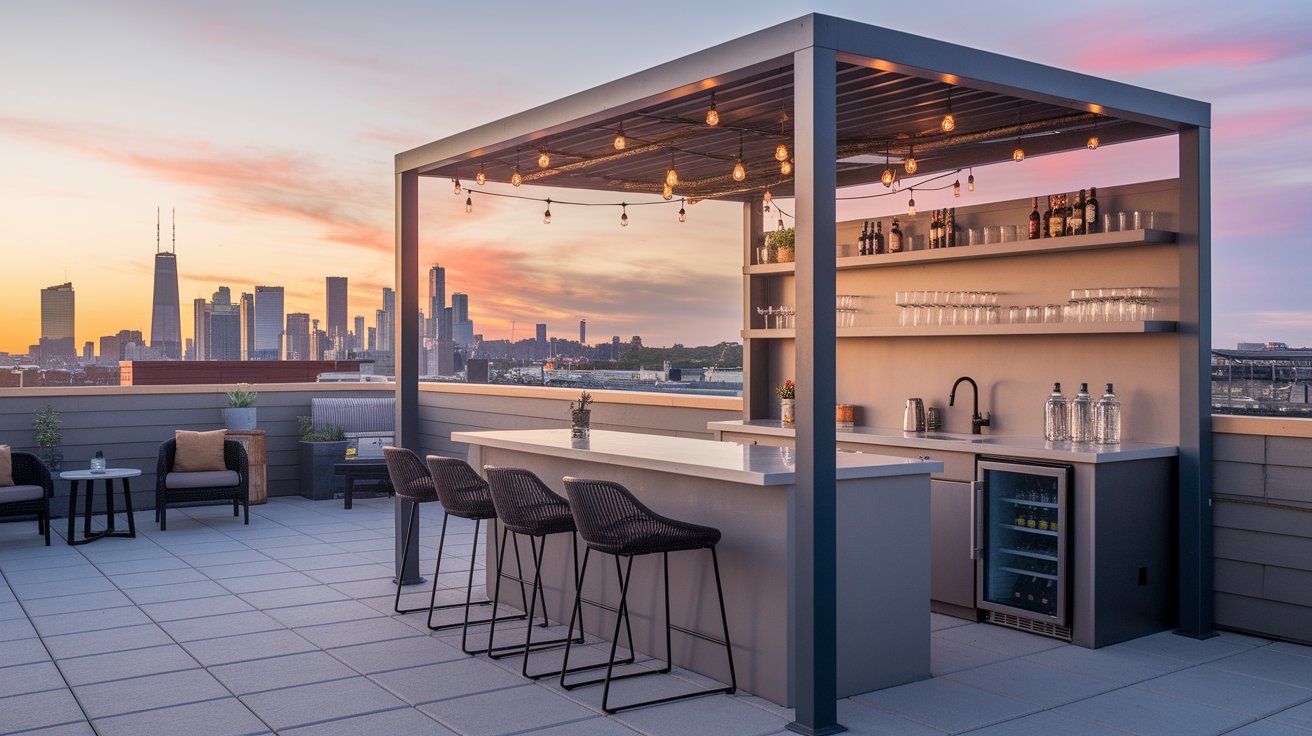 Rooftop bar overlooking a vibrant city skyline, showcasing tall buildings and a clear blue sky.