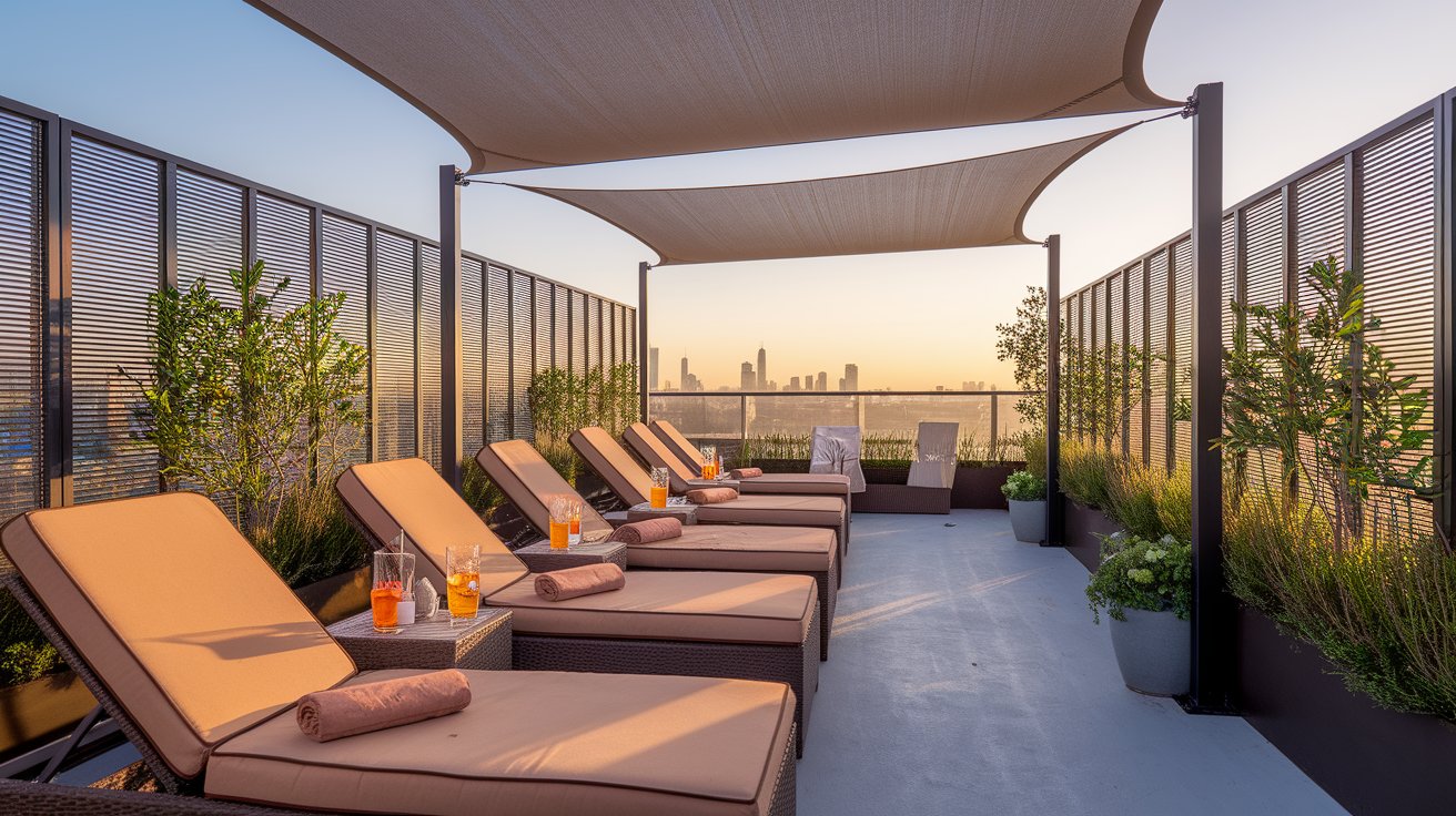 Rooftop deck at the hotel featuring lounge chairs and umbrellas for relaxation and sun protection.