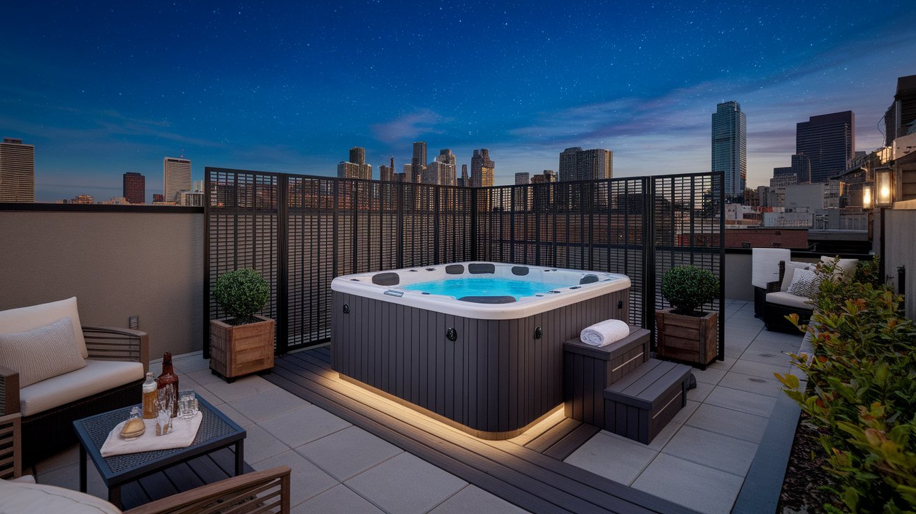 Rooftop hot tub overlooking a city skyline, showcasing urban buildings against a clear blue sky.