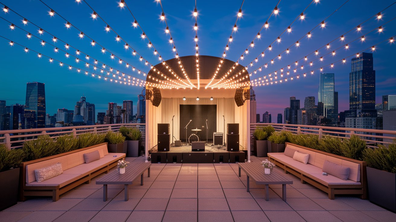 Rooftop patio featuring string lights and a stage, creating a cozy atmosphere for events and gatherings.