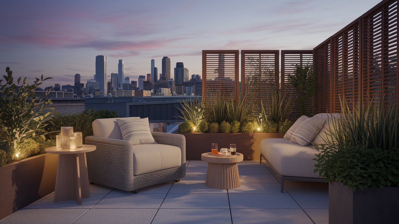 Rooftop patio overlooking a vibrant city skyline, showcasing tall buildings against a clear blue sky.