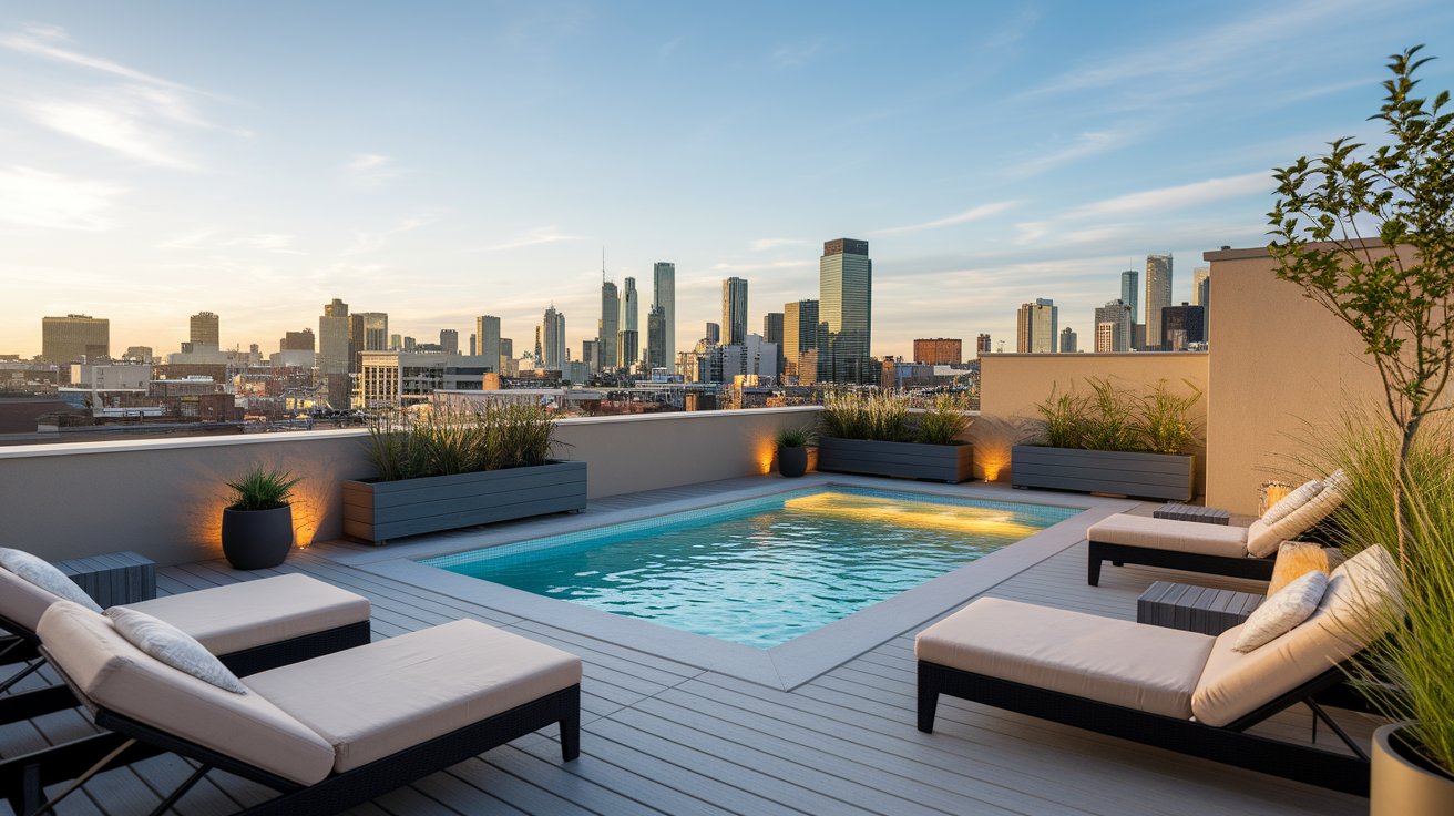 Rooftop pool overlooking a city skyline, with tall buildings and a clear blue sky in the background.