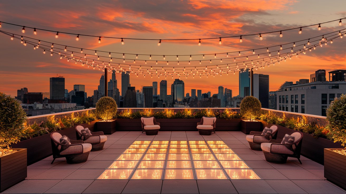 Rooftop terrace at the New York hotel, featuring city skyline views and outdoor seating for guests to enjoy.