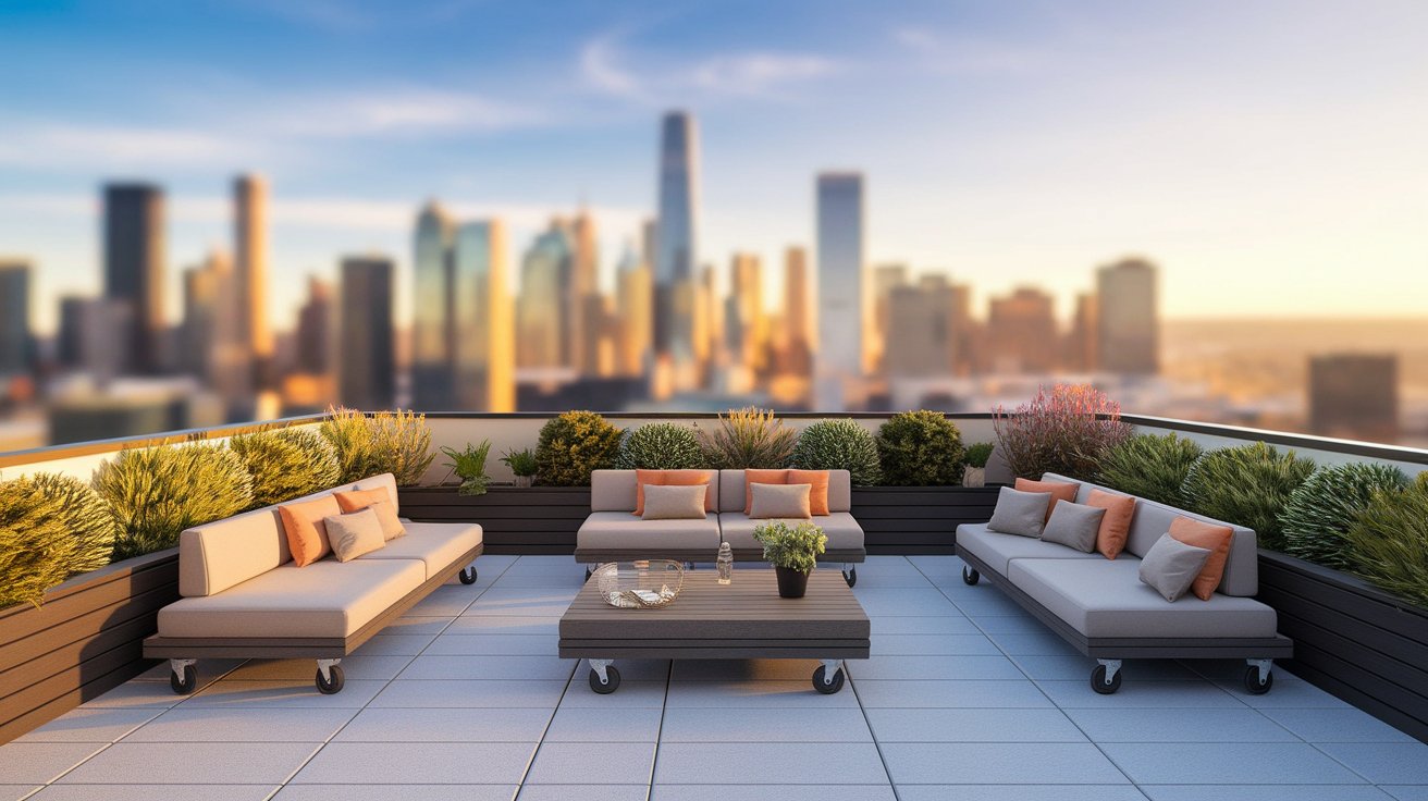 Rooftop terrace overlooking a modern cityscape, featuring sleek buildings in a 3D rendering.