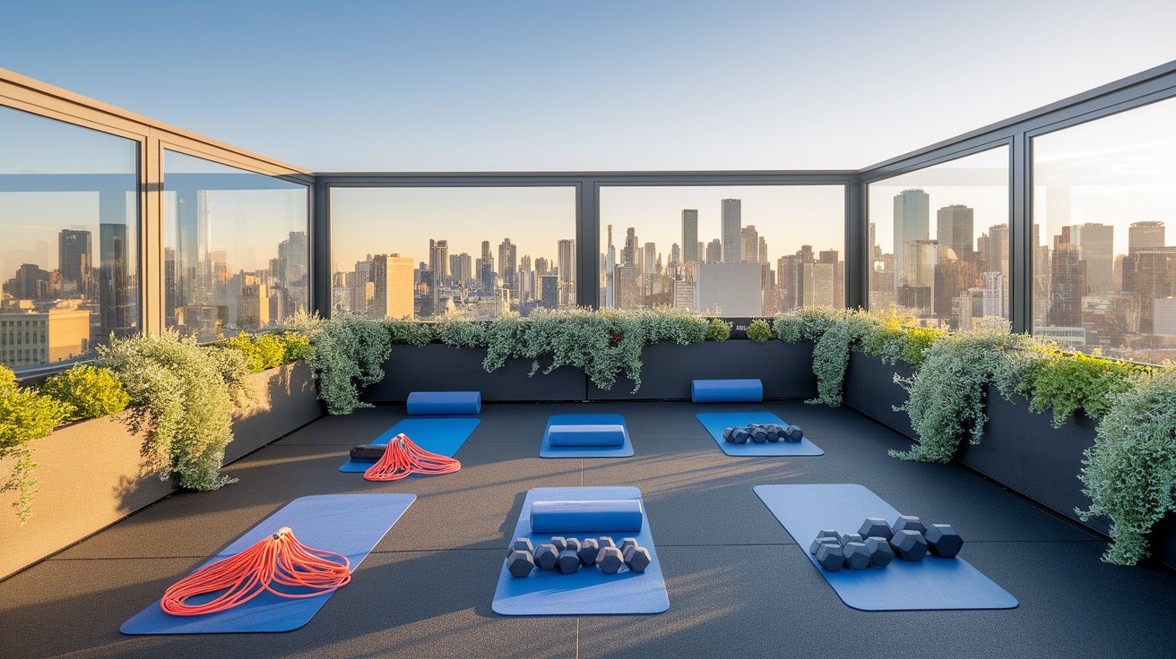 Rooftop yoga studio overlooking the city skyline, with mats arranged for a serene practice in an urban setting.