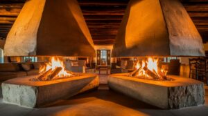 Two large stone fireplaces are prominently featured in a cozy room, enhancing its rustic charm and warmth.