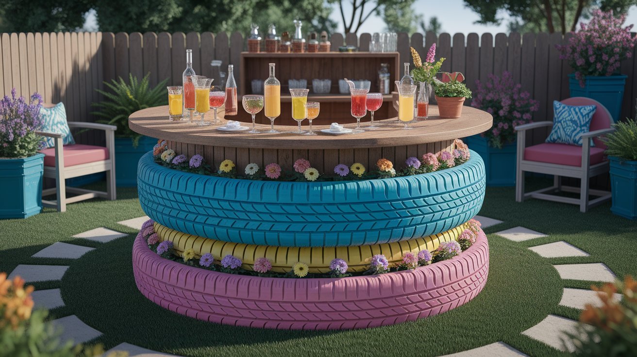 A vibrant garden table crafted from repurposed tires, surrounded by lush greenery and colorful flowers.