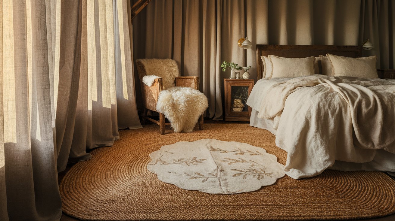 A cozy bedroom featuring a bed, a chair, and a decorative rug on the floor.
